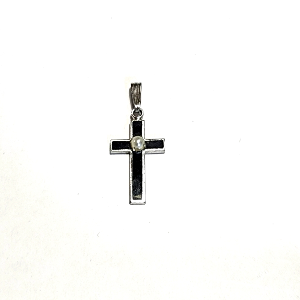 Sterling Silver Enamel and Pearl Meda Cross Pendant